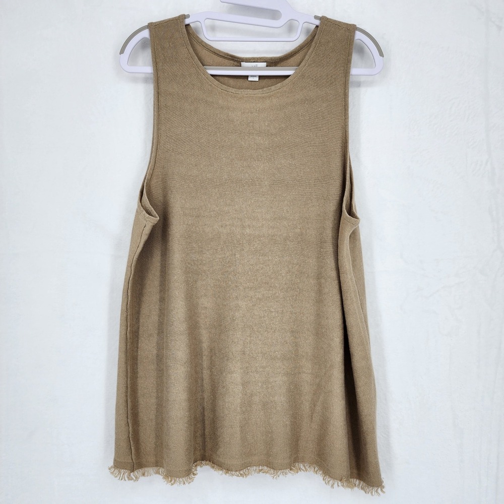 J. Jill Linen Rayon Sleeveless Knit Top L Tan Beige Macadamia Fringed Hem